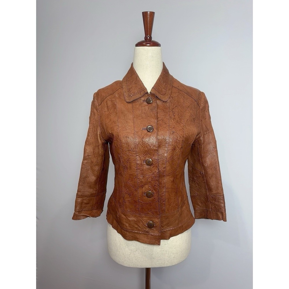 L' appât POSTMODERN Genine Lamb Leather Embossed Blazer Jacket Brown Size S